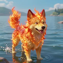 fiery dog in the water, stylized, artgerm, artstation, hd, cgsociety, cgi, realistic, dramatic, cinematic, artistic, trending, detailed