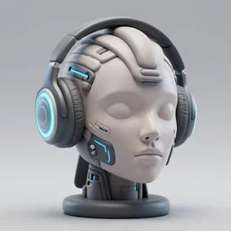 a glossy claymodel of a cyberpunk aztec futurism robot head with glowing headphones, 8 k, symetrical, flourescent colors, halluzinogenic, multicolored, very detailed, black background, 3 d render,