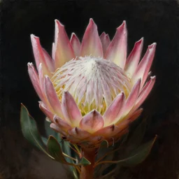 stunning swedish godess princess, detailed pink and white protea head peace against a black backdrop by ivan aivazovsky, wlop, super sharp details, photorealism, 5 0 mm lens, oil painting, beautiful soft lighting, muted colours, artstation
