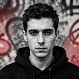 highly detailed closeup portrait of downbeat rami malek, elliot alderson, black hoody by atey ghailan, by greg rutkowski, by greg tocchini, by james gilleard, by joe fenton, by kaethe butcher, gradient red, black and white color scheme, grunge aesthetic!!! ( ( graffiti tag wall background ) )