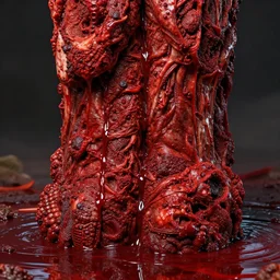 a huge pillar made out of bloody flesh, detailed, very detailed, high quality, high contrast, vibrant, river of blood
