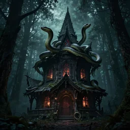 the scariest witches house, giant snakes on the roof of the witch house, in the scariest dark forest, epic scene, dark, scary, horror, frightening, fantasy, cinematic, redshift render, cgi, hyper - detailed, photo - bash, 8 k post - production, masterpiece, in the style of greg rutkowski