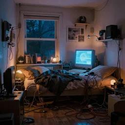 cozy 9 0 s bedroom retrofuturism, cluttered, wires everywhere, computer, window, night - time, lit only by the luminescent computer screen, detailed by simon stalenhag