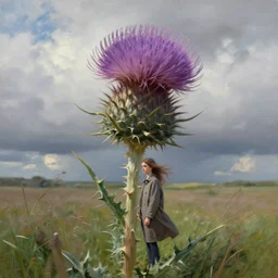 portrait, an enormous thistle flower head, a girl wearing a coat in a field, surreal photography, wind, cloudy sky, dramatic light, impressionist painting, digital painting, artstation, simon stalenhag