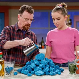 Walter White and Jesse Pinkman cooking blue rocks in a kids TV show, 90's, photorealisitc, 40mm, colorized
