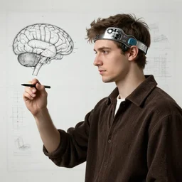young man wearing braininterface drawing by leonardo da vinci, plan. blueprint