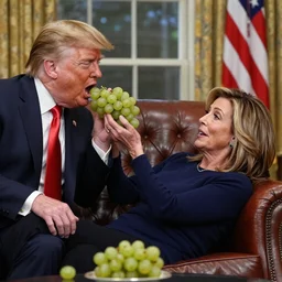 Donald trump feeding grapes to Nancy pelosi while she lays on a leather couch, ultra realistic