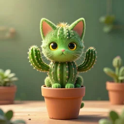 surreal, cactus kitten, cute kitten green face, yellow cat eyes, green veggie sitting kitten with spikes, shaped as cactus, in a pot, on the table, herbology, hd photography, coherent, intricate, blender, concept art, radiant light