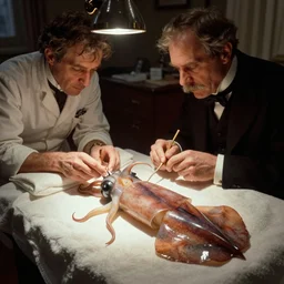 detailed photograph of victorian gentlemen squid observing medical procedure kodachrome