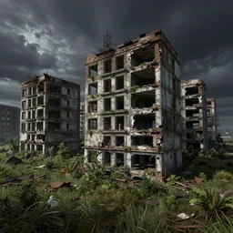 a beautiful hyperdetailed render of town architecture unfinished building abandoned city building urbex industrial architecture by albert bierstadt, meadow fisheye darkacademia reclaimed by nature nightsky bioshock cyberpunk, archdaily, wallpaper, highly detailed, trending on artstation.