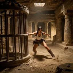 lara croft narrowly escaping a deadly trap that just went off in a dimly lit underground dungeon, ancient tombs in the background, wide view, depth of field