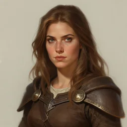 ! dream a woman with long hair wearing brown outfit, character portrait by krenz cushart, artstation contest winner, fantasy art, detailed painting, hd, 2 d game art shoulder length light clothing, close up mandy jurgens, dungeons and dragons character, cgsociety medieval official town guard nina tryggvadottir, deviantart, digital illustration