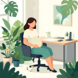 editorial illustration portrait of an isometric pregnant woman sitting in chair office interior foliage overgrowth, flowers, modern art deco, ( ( mads berg ) ), christopher balaskas, rich grainy texture, detailed, dynamic pose, matte print, risograph, wood block print, unreal engine, ( ( dither ) )