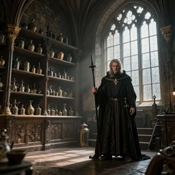 full body artwork of Dennis hopper as a devious medieval lord standing on the right inside a big medieval Shop with tall windowpane, shelves full of medieval goods, morning light, trending on artstation, style of peter mohrbacher, unreal engine, octane render, intricate details, 8k high definition, beauriful, ornate, hyperrealistic