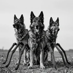 three - headed dog with the face of gollum, with the legs of a spider, black and white photo