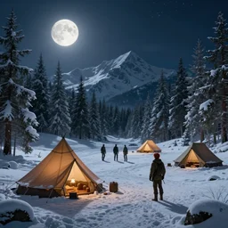 an epic fantasy adventurer's camp in the snow with a hide tent at night with a full moon, a single adventurer with red hair, 4 k, extremely detailed. award winning, trending on artstation, 8 k, ultra wide angle