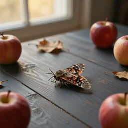 moth on a dark grey wooden table, dead nature, red apples, fall, matte painting, from above, dust falling, diffused light coming from a window, desktop wallpaper, golden hour, 8k, 4k, artstation, award winning shot
