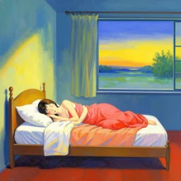 a woman sleeps in levitation above her bed vibrant by akihiko yoshida and edward hopper 1