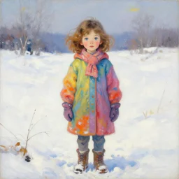 a seven year old girl with short wavy curly light brown hair and blue eyes wearing colorful winter clothes in a snowy field. the full person can be seen. beautiful painting by artgerm and greg rutkowski and alphonse mucha and lois van baarle and ilya kuvshinov