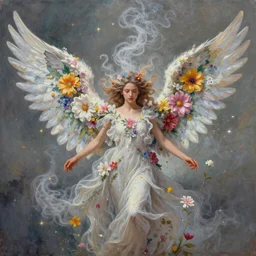 a colorful and provenance portrait painting of a angel with her huge flowers wings spread out gracefully ， detailed, highly detailed, hair made of hair made of air wind and curling smoke, mist, dust, genie, flowers, flower, stars, spirit fantasy concept art ， art by charlie bowater and aenami, trending on artstation.