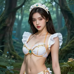 A beautiful maid wearing a magical bikini posing in a magical forest, beautiful face, highly detailed face, medium shot, fantasy art, in the style of greg rutkowski, illustration, epic, fantasy, intricate, hyper detailed, artstation, concept art, smooth, sharp focus