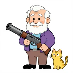stylized colorful portrait of an old grandpa granny with a bazooka in hand, a cat standing next to him by john harris and john kricfalusi