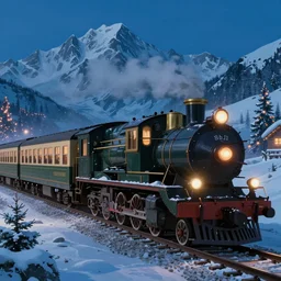 high detailed matte painting of a movie still of'polar express'train with alpine mountains background, christmas evening, hayao miyazaki, artstation