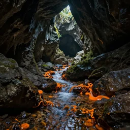 inside of a dark cave, small water stream, orange minerals, fantasy, highly detailed, art by greg rutkowski