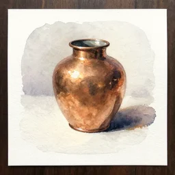 small centered on watercolor paper, paint brush strokes, abstract watercolor painting of circular copper jar, specular highlight, cinematic light, national romanticism by hans dahl, by jesper ejsing, by anders zorn, by greg rutkowski, by greg manchess, by tyler edlin, by craig mullins