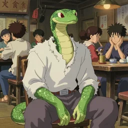 an anime about a snake man wearing raggedy clothes and seated in a rundown but crowded and lively tavern, art by yuji ikehata and satoshi kon, background art by miyazaki, realism, proper human male proportions, fully clothed, vhs