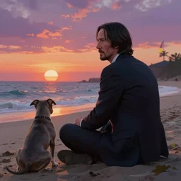keanu reeves as john wick sits at a beach with his grey pitbull and looks into the sunset, feeling of sadness, detailed digital matte painting in the style of simon stalenhag and bev dolittle zdzisław beksinski, greg hildebrandt artstation, psychedelic