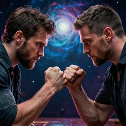 Epic dramatic cinematic close-up character shot of a man pit against his mortal enemy in a thumb war for the fate of cosmic reality. Digital art. By Dominik Mayer, Anton Fadeev, and Alena Aenami. Masterpiece. Trending on Artstation and CGsociety. World's greatest artistry. HDR. 4k. Amazing incredible awesome awe-struck fantastic intriguing. Creative use of colors. Fantastic lighting.