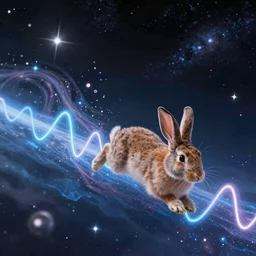 a rabbit lost in space flowing with a sine wave of divine information 8k hyperdetailed