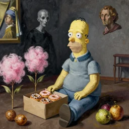 very bleak dimly lit scene homer sitting next to a closed box donuts, cotton candy plants and speckled fruits. vermeer, giger and michelangelo. highly detailed fine brushwork.