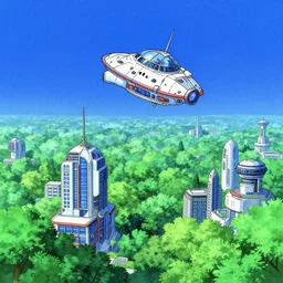 spaceship landing in a futuristic city with lush green trees and blue sky, ilya kuvshinov, digital, concept art, kyoto animation, kawaii, yoshitaka amano, studio lighting, manga, vibrant high contrast, gradation, jean giraud, moebius, rule of thirds, fibonacci, cel shaded, flat, matte print