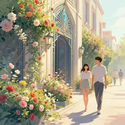 digital art, an art deco street lined with beautiful flowers, by liam wong and tyler edlin, trending on artstation
