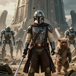 still image screenshot portrait of han solo defending wookies on mandalore, from the tv show mandalorian on disney +, scene in front of a strange building, moody mining planet, at - at imperial walkers, invading kashyyyk, anamorphic lens