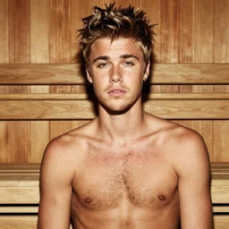 high-resolution photograph of Justin Bieber in a sauna with hairy chest