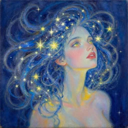 a woman with hair made out of stars and swirls of light. beautiful uplifting painting by artgerm and greg rutkowski and ilya kuvshinov