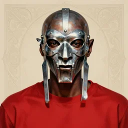 portrait of mf doom, dr. doom metal steel mask, dark skin underneath. red t - shirt, beige complex background, intricate, elegant, highly detailed, digital painting, artstation, concept art, smooth, sharp focus, illustration, by anato finnstark, boissb - blanca. j, cindy avelino, clint cearley, anna podedworna