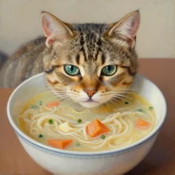 a cat inside a bowl of soup, highly detailed oil painting