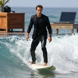full body portrait, man in black suit surfs ocean wave, furniture around, laptop in the background, business surrounding, dslr, insane details, hyper reallistic, 8 k, clear face and eyes, ultra clear detail, hdr, textured, award winning, professional photography