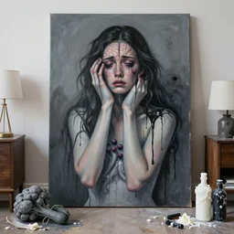 dripping black and grey paint, white wax, sensual, a sad portrait in a female art student's apartment, grey vegetables, depression, crying, woman holding a brain from inside a painting, berries, octopus, art materials, a lamp, bottles covered in wax, neo - expressionism, surrealism, acrylic and spray paint and oilstick on canvas