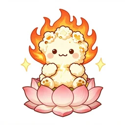 fluffy popcorn hit by lightning, elemental spirit, in the style of a manga character, with a smiling face and flames for hair, sitting on a lotus flower, white background, simple, clean composition, symmetrical