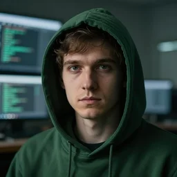 portrait of a chad programmer with green hood by greg rutkowski, close up, dramatic lighting