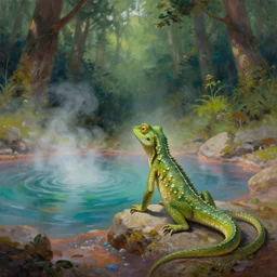 alone upright anthro man lizard finding a colorful hotspring deep in forest, oil painting, highly detailed, medieval fantasy, featured on artstation