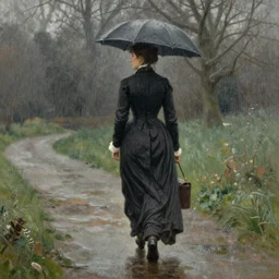 oil painting of a Victorian woman in the rain walking away, dreamy and detailed, by John Atkinson Grimshaw