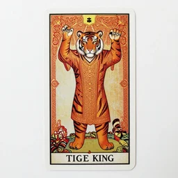 tiger king tarot card, intricate design, beautifully painted, detailed patterns, red and gold