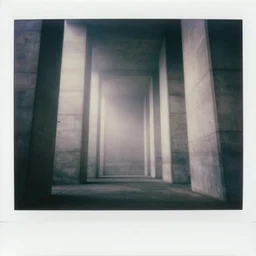 interior of a massive concrete structure with impossibly tall walls, foggy, old polaroid, expired film, megalophobia,