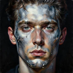 a dark close - up portrait painting of a mans face dripping in chrome, silver, liquid mercury. deep colors, black background. highly detailed painting by norman rockwell, moebius, frank frazetta, and syd mead. rich colors, high contrast. artstation
